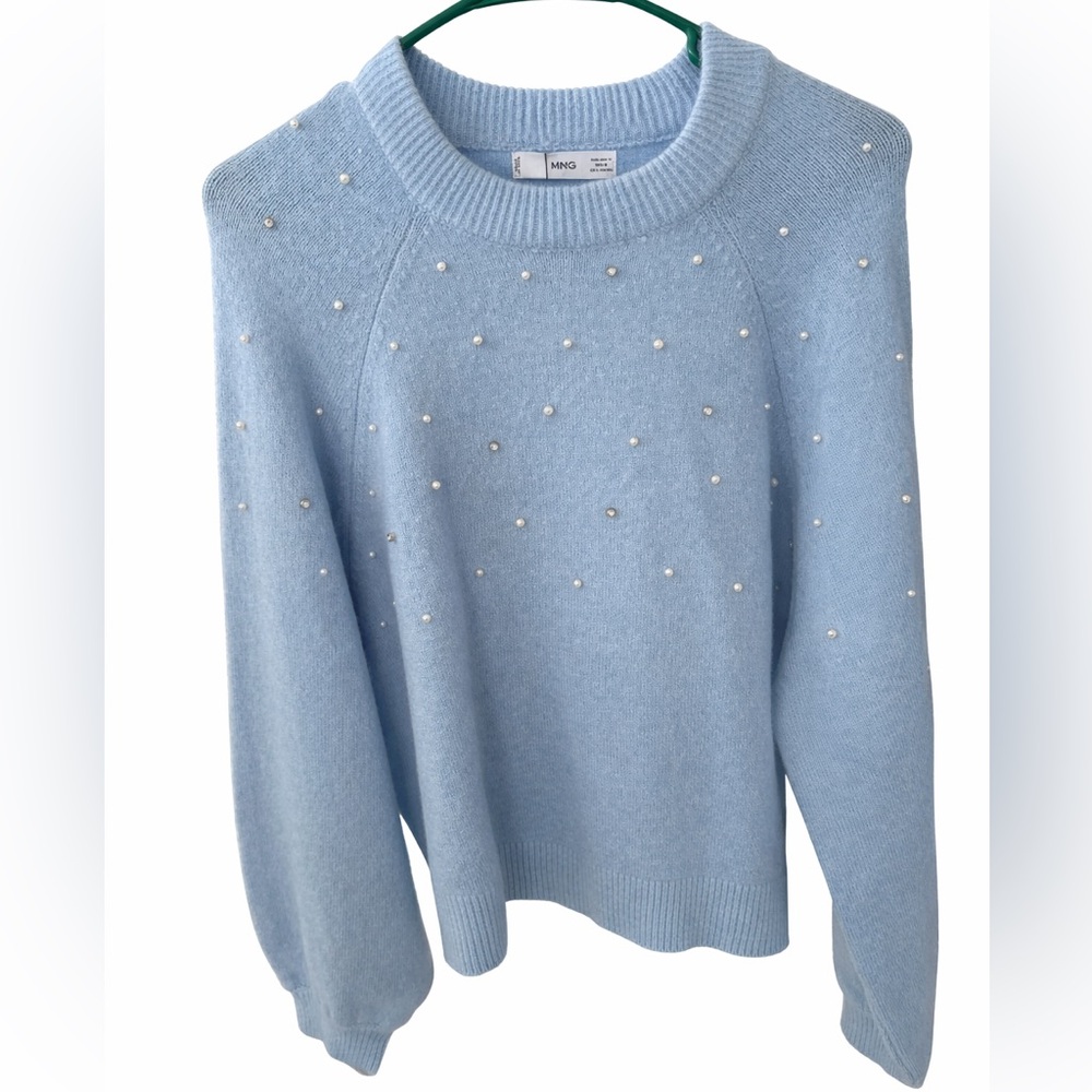 Mango Sky Blue Sweater with Pearl Details